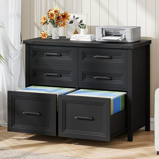 Halitaa 6 Drawer File Cabinets,Farmhouse Lateral Filing Cabinet Fits Letter and A4 Size, Wooden File Cabinet for Home Office, Printer Stand,Black