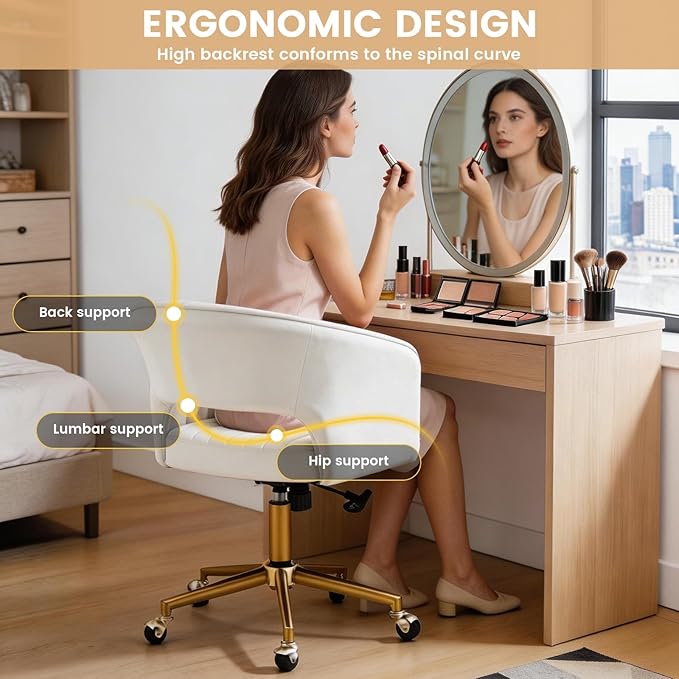 Home Office Desk Chair, Vanity Chair with Back 360 Swivel Armchair and Gold Base, Velvet Criss Cross Chair with Wheels for Vanity Home Office, Living Room, Bedroom and Study (Beige)