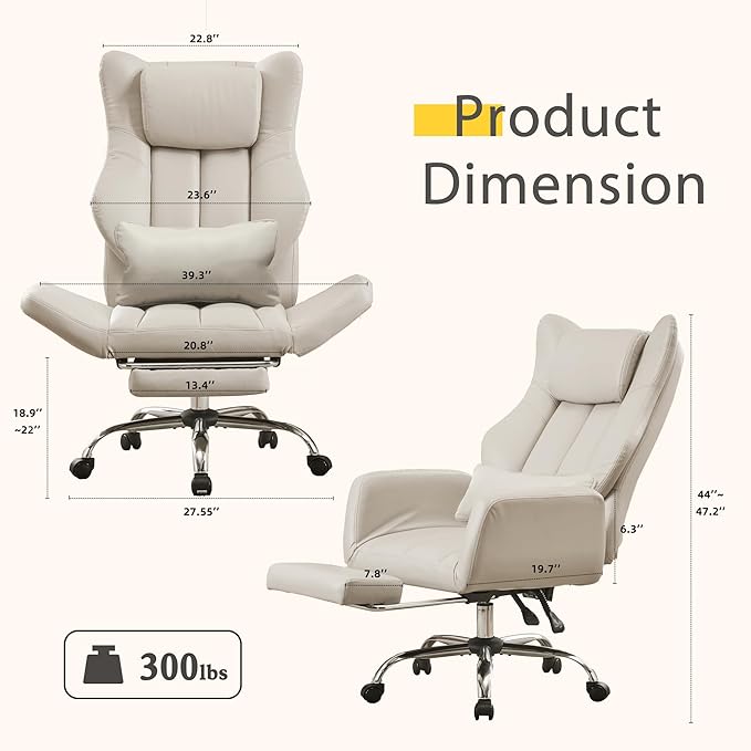 Ergonomic Cross Legged Office Chair with Footrest,Leather Big and Tall Executive Chair with Lumbar Pillow,Reversible Armrest for Pets,155° Reclining Computer Wide Desk Chair for Home,Office, Beige