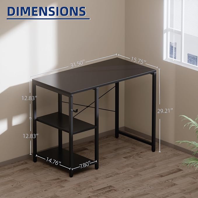 Pamray 32 Inch Small Computer Desk with Shelves, Home Office Desk with Headphone Hook for Bedroom, Study Writing PC Table for Small Spaces, White