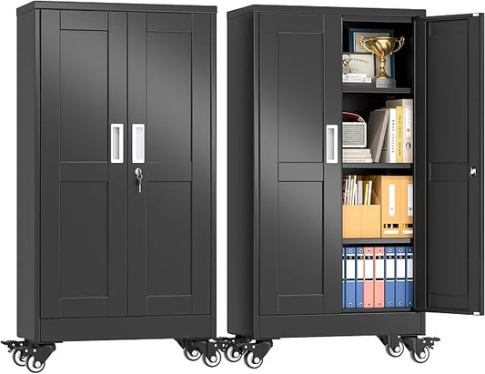 pozdeg 45.6" Metal Garage Storage Cabinets with Wheels, Lockable Rolling File Cabinets with 2 Doors and 3 Adjustable Shelves, Steel Tool Organizer Locker for Office Home Garage Gym School, Black