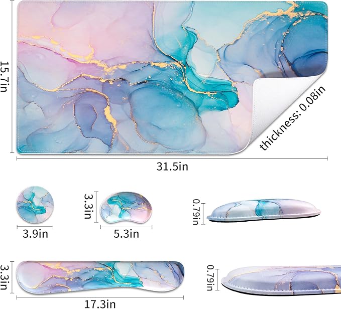 QIYI Leather Desk Mat Set, 4-in-1 Large Mouse Pad with Ergonomic Wrist Rest, Waterproof Desk Pad + Keyboard Wrist Rest +Mouse Wrist Support+Coaster, Non-Slip Office Gaming Accessories, Blue Pink Fluid