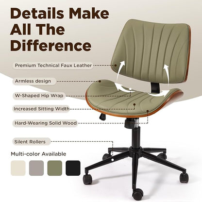 EROMMY Armless Office Desk Chair,Wooden Back Small Office Desk Chair No Arms Adjustable Height Modern Armless Chairs with Swivel Wheels for Small Spaces,Green