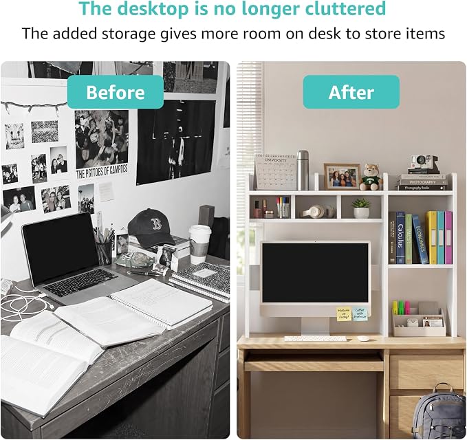 NUTIKAS Desk Hutch White Desktop Bookshelf Shelf - 37 Inch Computer Desk Organizer for Dorm Room, Wood Storage Rack for Home Office Desktop Display Shelves, Small Bookcase for Top of Desk