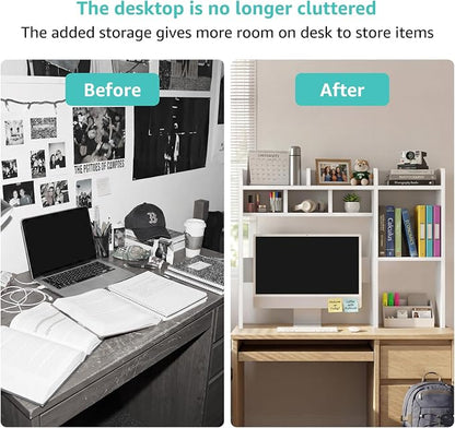 NUTIKAS Desk Hutch White Desktop Bookshelf Shelf - 37 Inch Computer Desk Organizer for Dorm Room, Wood Storage Rack for Home Office Desktop Display Shelves, Small Bookcase for Top of Desk