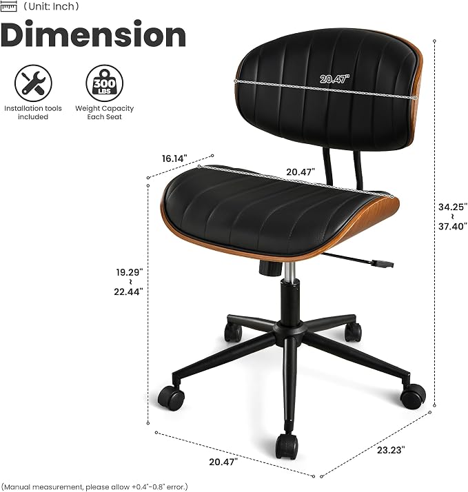 ovios Home Office Chair with Wheels, Modern PU Leather Swivel Computer Desk Chair, Mid Back Adjustable Height Armless Walnut Chairs for Office (Black Stripes)