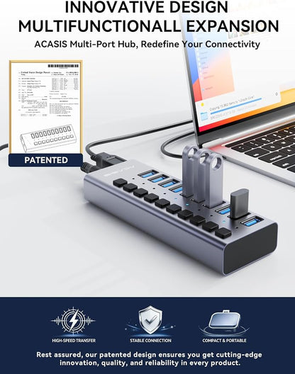 Powered USB 3.2 Hub, ACASIS 10 Ports USB 3.2 Hub with 10Gbps Data Speed, Aluminum Housing, USB Hub Powered with 48W Power Adapter, USB Hub for PC/Laptop, Computer, Flash Drive, Printer, Camera