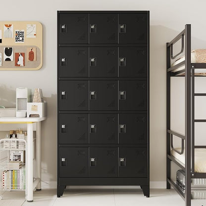 Metal Lockers for Employees-15 Doors Storage Locker with Shelves and Lockable Steel Cabinet for School,Gym,Office,Staff,Assembly Required,Black