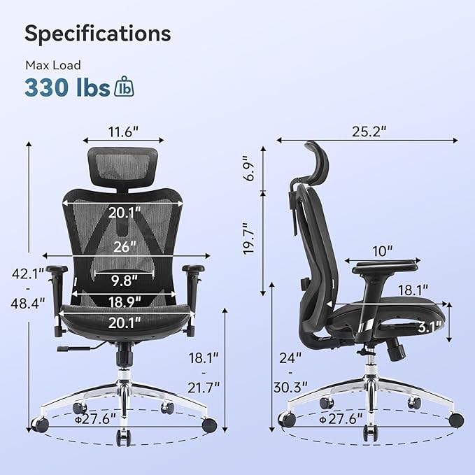 SIHOO M57 Ergonomic Mesh Office Chair, High Back Home Desk Chair with 3D Armrests, Lumbar Support and Adjustable Headrest, Comfortable Computer Chair, Big & Tall Office Chair Hold 330 LBS-Ebony