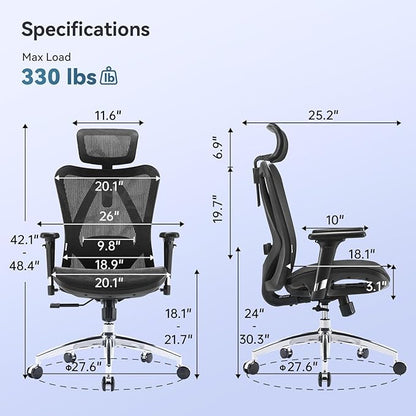 SIHOO M57 Ergonomic Mesh Office Chair, High Back Home Desk Chair with 3D Armrests, Lumbar Support and Adjustable Headrest, Comfortable Computer Chair, Big & Tall Office Chair Hold 330 LBS-Ebony