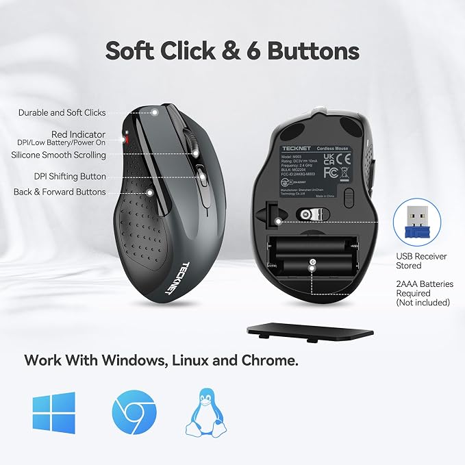 TECKNET Wireless Mouse, 2.4G Ergonomic Optical Mouse, Computer Mouse for Laptop, PC, Computer, Chromebook, Notebook, 6 Buttons, 24 Months Battery Life, 2600 DPI, 5 Adjustment Levels - Grey