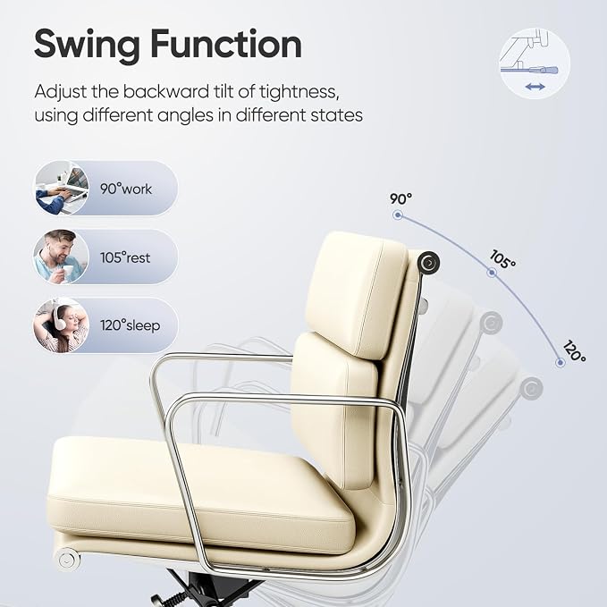 Mid-Back Executive Genuine Leather Office Chair, with Aluminum Arms and 5-Star Base, Modern Rolling Desk Chair with Silent Wheels, Lumbar Support, High-Adjustable, Tilting for Home & Office