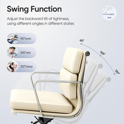 Mid-Back Executive Genuine Leather Office Chair, with Aluminum Arms and 5-Star Base, Modern Rolling Desk Chair with Silent Wheels, Lumbar Support, High-Adjustable, Tilting for Home & Office