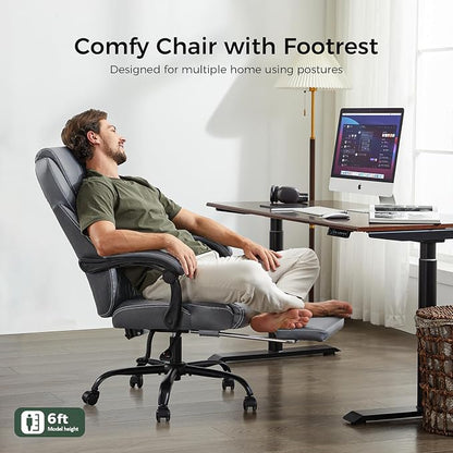 amseatec Big and Tall Office Chair with Footrest, Ergonomic Leather High Back Computer Chair Infinite Lock Reclining 90°-135°,20 Spring Packs,300lbs Executive Desk Chair for Home Office（Gray）