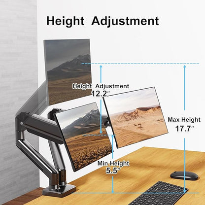 Dual Monitor Mount Fits 13 to 32 Inch Computer Screen, Dual Monitor Arm Hold 4.4-19.8lbs Each, Full Motion Monitor Desk Mounts for 2 Monitors, Gas Spring Monitor Stand, VESA Mount
