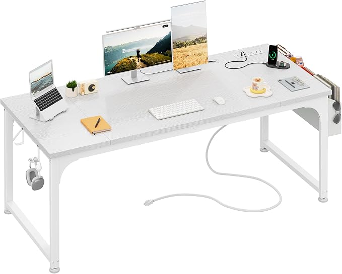 DurayLoly 63 x 24 inch Large Desk, 24mm Thick Heavy Duty Computer Desk with RGB LED & Power Outlets, Gaming Desk with Detachable Stand, Hooks & Storage Bag, 150LBS Load Capacity, White
