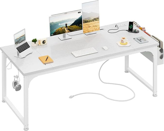 DurayLoly 63 x 24 inch Large Desk, 24mm Thick Heavy Duty Computer Desk with RGB LED & Power Outlets, Gaming Desk with Detachable Stand, Hooks & Storage Bag, 150LBS Load Capacity, White