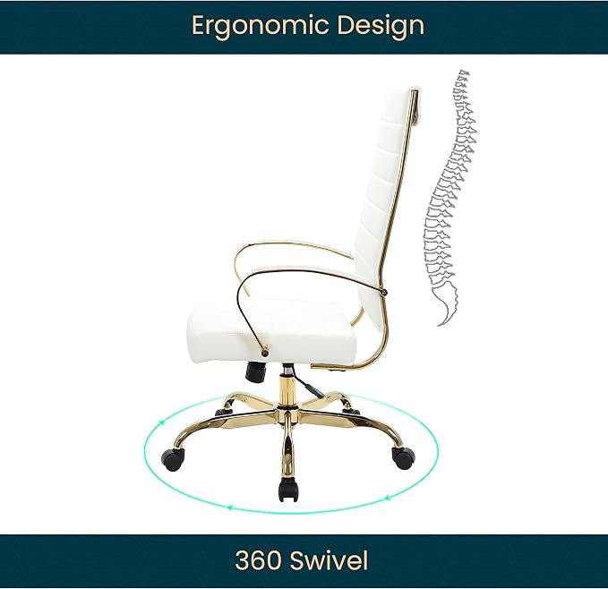 LeisureMod Modern High-Back Leather Office Chair - Swivel & Adjustable Executive Desk Chair with Gold Frame, Ergonomic Design for Home & Office (White, Single)