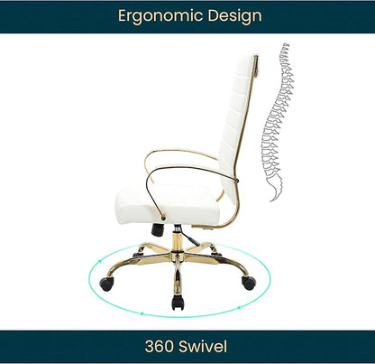LeisureMod Modern High-Back Leather Office Chair - Swivel & Adjustable Executive Desk Chair with Gold Frame, Ergonomic Design for Home & Office (White, Single)