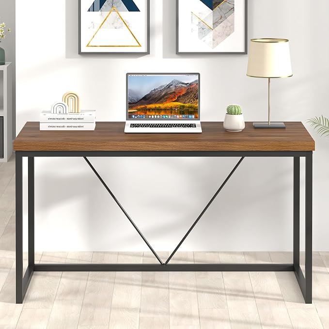 FOLUBAN Modern Computer Desk, Rustic Wood and Metal Study Writing Table, Simple Work Gaming PC Desk for Home Office, Walnut 53 Inch