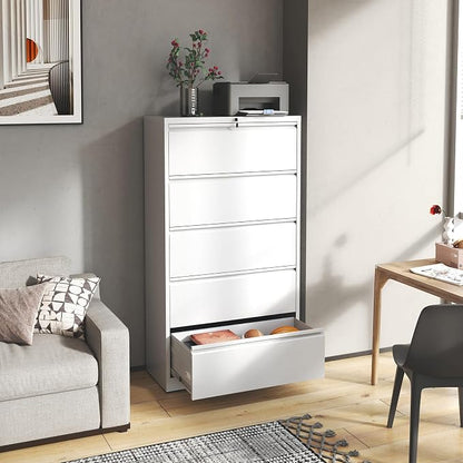 5 Drawer File Cabinet,Metal Lateral Filing Cabinet with Lock,Home Office Storage Organizer Cabinet for Legal/Letter/A4/F4 Size Files,35.5" W,White