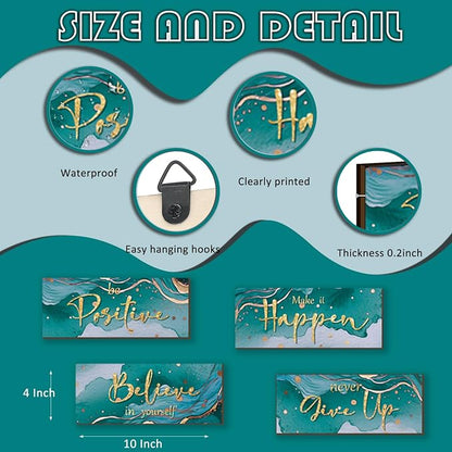 FENCORDAR 4 Piece Teal and Gold Wall Decor Set Motivational Wall Decor Inspirational Wooden Signs for Bedroom Bathroom Women’s Office Abstract Elegant Art for Home or Office Decoration 10X4 Inches