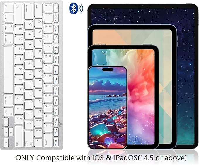 OMOTON Ultra-Slim Bluetooth Keyboard for iPad 11th/10th/9th/8th/7th, iPad Pro/Air/Mini and iPhone Series, Wireless iOS Keyboard with 12 Multimedia Keys for Office, Home, Travel, School, White