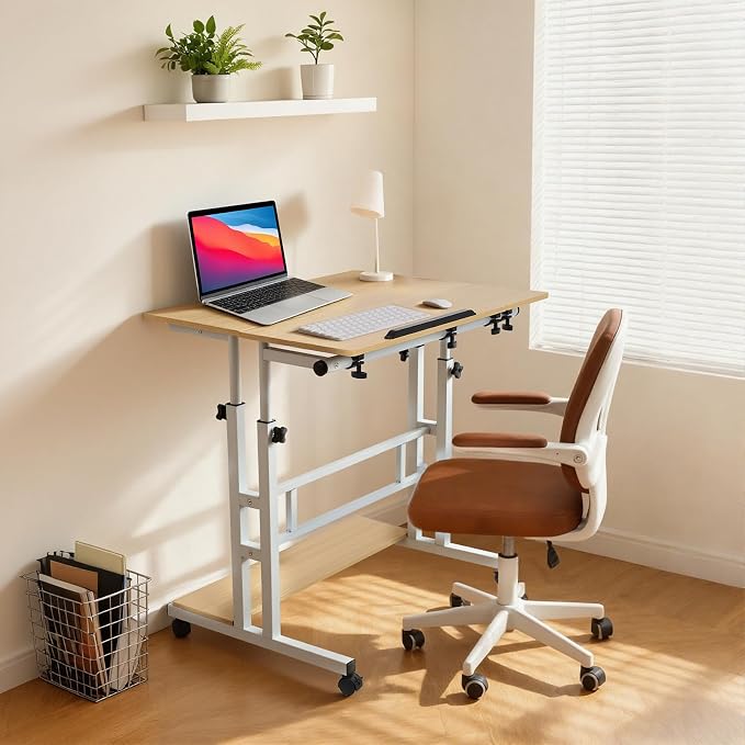 FAHKNS Small Standing Desk, Portable Stand Up Desk with Wheels, Adjustable Height Computer Desk for Home Reading Desk and Office Work