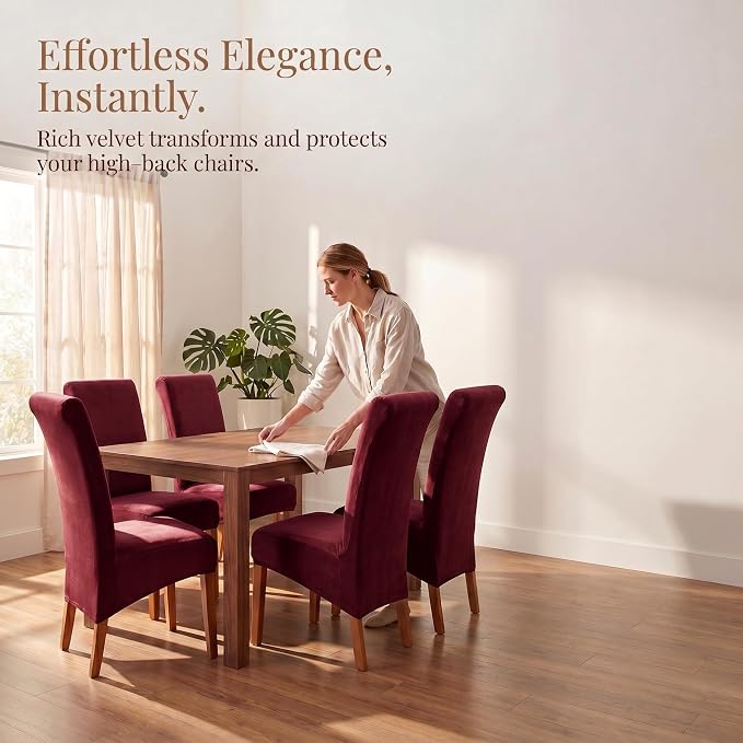 Deisy Dee Stretch XL/Oversized Extra Large Velvet Dining Room Chair Covers for Kitchen Dining，Removable Washable Chair Protectors Slipcovers (Burgandy, 2)