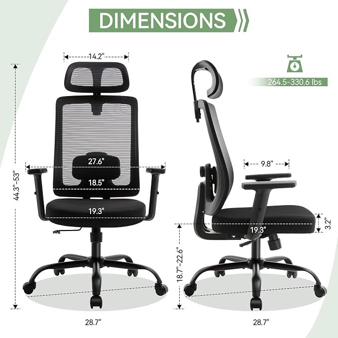 Ergonomic Office Chair Mesh Back, Office Desk Chair with Adjustable Lumbar Support, Rolling Work Chairs with Wheels and 3D Headrest, Set of 4, Black