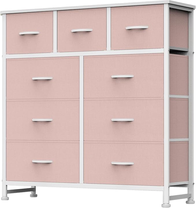 DUMOS Dresser for Bedroom, Storage Organizer with 9 Drawers, Chest of Drawers with Fabric Bins, Sturdy Metal Frame, Wood Tabletop for Guest Room, Closet, Entryway, Pink