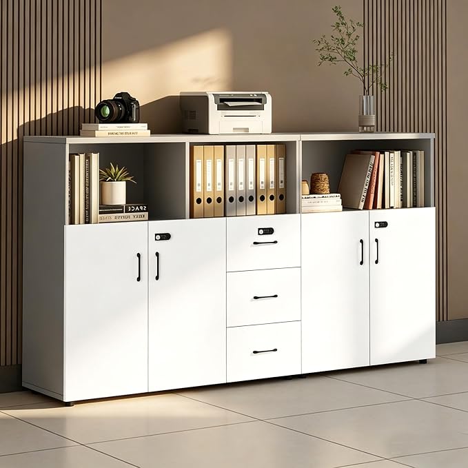 File Cabinet with Password Lock, Wood Lateral Filing Cabinet for Letter/A4 Files, 3 Drawer with Door, Printer Stand with Open Shelves for Home Office