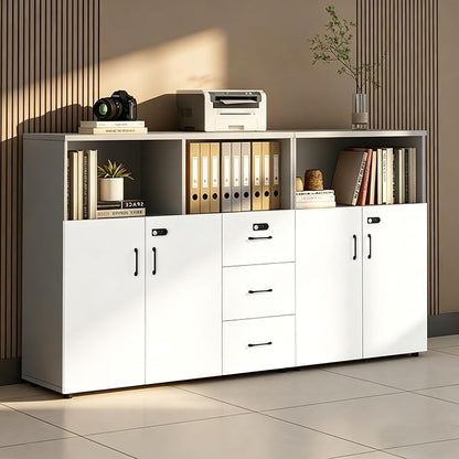 File Cabinet with Password Lock, Wood Lateral Filing Cabinet for Letter/A4 Files, 3 Drawer with Door, Printer Stand with Open Shelves for Home Office