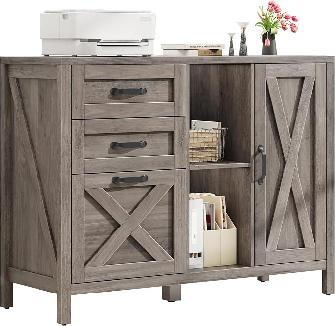 Vabches Lateral File Cabinet, Farmhouse 3 Drawer File Cabinet with Open Storage Shelf for Letter/A4/Legal Size Hanging Files, Large Wood Storage Cabinets Printer Stand for Home Office, Grey