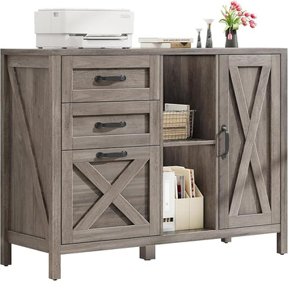 Vabches Lateral File Cabinet, Farmhouse 3 Drawer File Cabinet with Open Storage Shelf for Letter/A4/Legal Size Hanging Files, Large Wood Storage Cabinets Printer Stand for Home Office, Grey