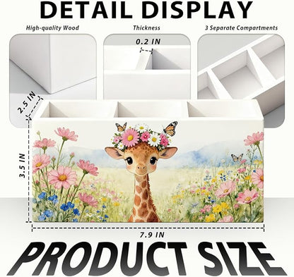 Giraffe Pen Pencil Holder for Desk Accessories, Giraffe Gifts for Women & Kids, Rustic Butterfly Flower Wild Animal Wooden Box Sign Decorations for Kids Room Home Office Desk Tabletop