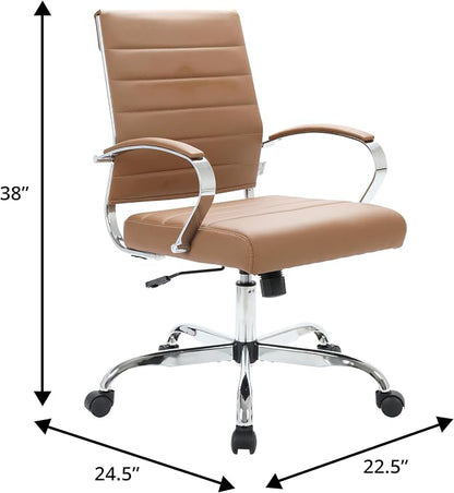 LeisureMod Benmar Leather Office Desk Chair, Mid-Back Ergonomic Swivel Chair with Lumbar Support, Adjustable Height, Tilt Lock, Cushioned Seat & Back, Home Office Task Chair (Brown, Set of 4)