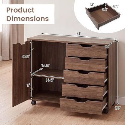 Giantex 5-Drawer File Cabinet with Wheels, Wooden Rolling Lateral Filing Cabinet with Door and Adjustable Shelf, Chest of Drawers, Mobile Printer Stand Organizer for Home Office and Bedroom (Coffee)