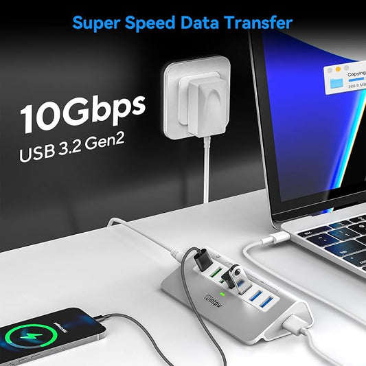 Powered USB Hub 10Gbps, 7 Port USB 3.2 Gen 2 Hub with 4 USB 3.2 Data Ports, 3 Fast Charging Ports, 36W Power Adapter, Type A and Type C Cable, Aluminum USB Hub for Laptop, Mac, PC