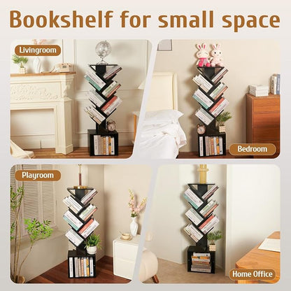 7 Tier Tree Book shelf, Small Bookcase with Reading Planner and Activity Panel, Modern Floor Standing Corner Tall Narrow Storage Cabinet Bookshelves for Home Office Bedroom Living Room (Black)