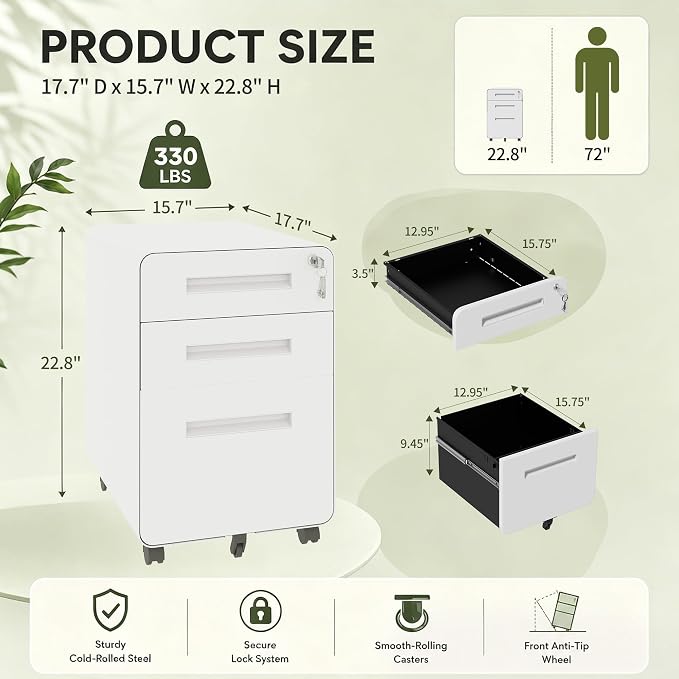 SAWJEC 3 Drawer File Cabinet with Lock, Rolling Under Desk Printer Stand, 23" H x 18" D x 16" W, Fully Assembled for Legal/Letter, White
