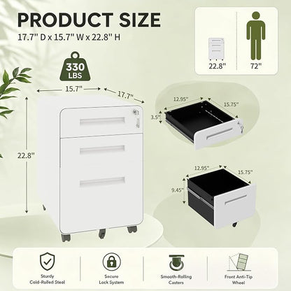 SAWJEC 3 Drawer File Cabinet with Lock, Rolling Under Desk Printer Stand, 23" H x 18" D x 16" W, Fully Assembled for Legal/Letter, White