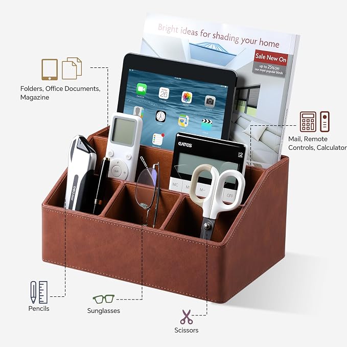 Desk Organizer Caddy with 5 Compartments for Office Art Supplies, PU Leather Nightstand Organizer Pencil Pen Desk Caddy for Home, Desktop TV Remote Control Holder Storage (Brown)