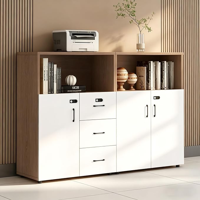 File Cabinet with Password Lock, Wood Lateral Filing Cabinet for Letter/A4 Files, 3 Drawer with Door, Printer Stand with Open Shelves for Home Office