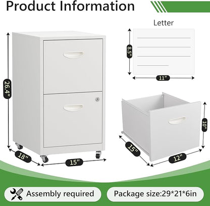 2 Drawer Rolling File Cabinet with Lock,Filing Cabinets for Home Office,Two Drawer File Cabinet, Mobile Under Desk Cabinets,Black Printer Stand with Wheels Fit Letter/A4,Assembly Required