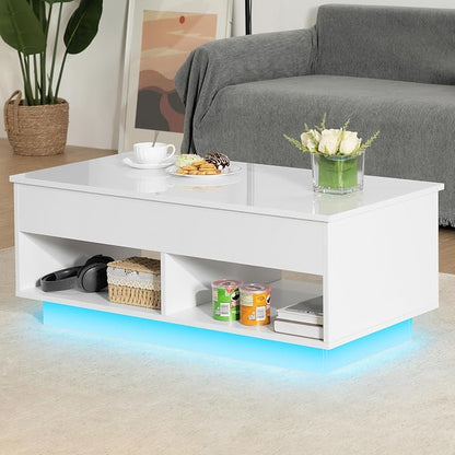 HOMMPA 40" Modern LED Coffee Table with Storage for Living Room, Lift Top Coffee Table with 2 Shelves, High Glossy Wooden Dining Table, Multifunctional Furniture for Bedroom/Home Office, White