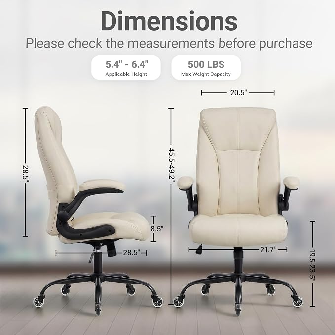 Big and Tall Office Chair for Heavy People, 400LBS High Back Extra Wide Executive PU Leather Office Chair with Flip-Up Armrests, Quiet Rubber Wheels, Comfortable Home Office Desk Chair (White)