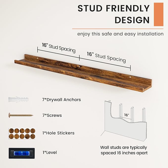 FLYJOE Picture Ledge Shelf, Floating Shelves Set of 2, 44 Inches Nursery Book Shelves for Toys Storage, Kids Bookshelf Wall Mounted for Living Room Bedroom Decor Books Photo Frames, Rustic Brown