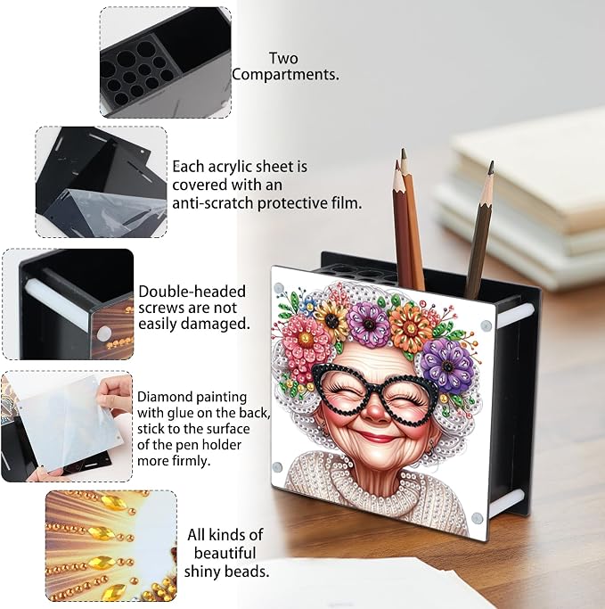 DIY Diamond Painting Kit，Cute Elderly Special Shape diamond painting pen holder, Acrylic Daily Office Desktop Decoration Storage Item