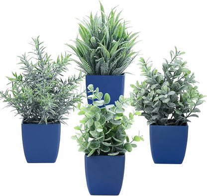 summer flower Set of 4 Fake Plants in Pot Small Artificial Eucalyptus Potted Plant Mini Wheat Grass Ferns Faux Greenery for Home Indoor Office Table Bathroom Farmhouse Decorations Blue